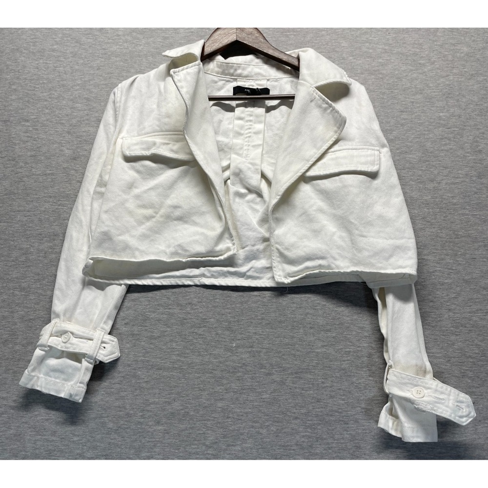 Forever 21 Cropped Utility Jacket Womens XS White Cotton Collared Open Front